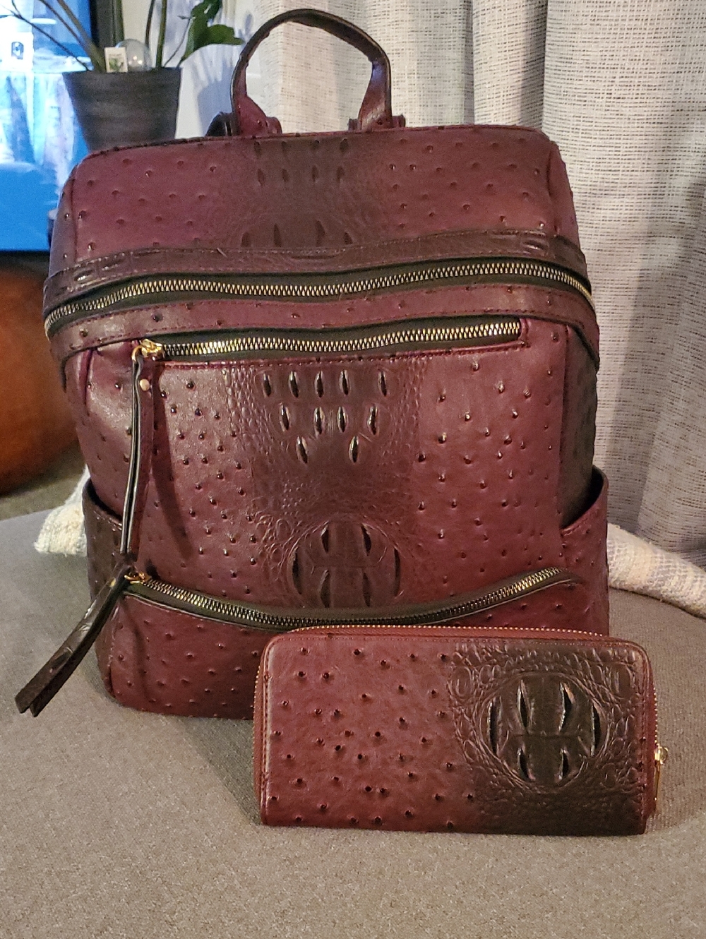 Burgundy Ostrich-Embossed Faux Leather Backpack
